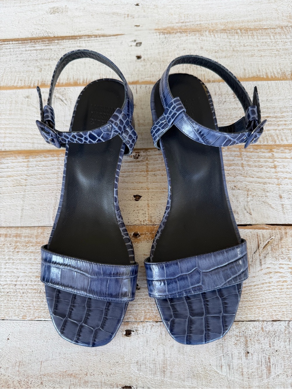 Maryam Nassir Zadeh Navy Croc-Embossed Low Block Heel Sandals - Picture 5 of 7